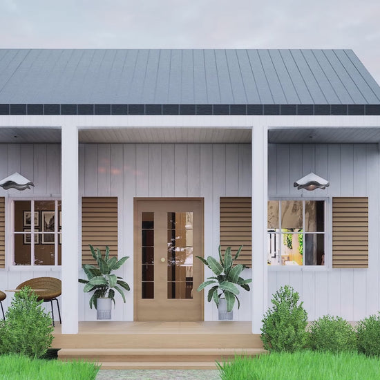Modern 25x22 tiny house floor plan with 1 bed, 1 bath, porch, and slab foundation – 550 sq ft cabin blueprint