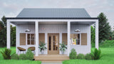 Modern 25x22 tiny house floor plan with 1 bed, 1 bath, porch, and slab foundation – 550 sq ft cabin blueprint