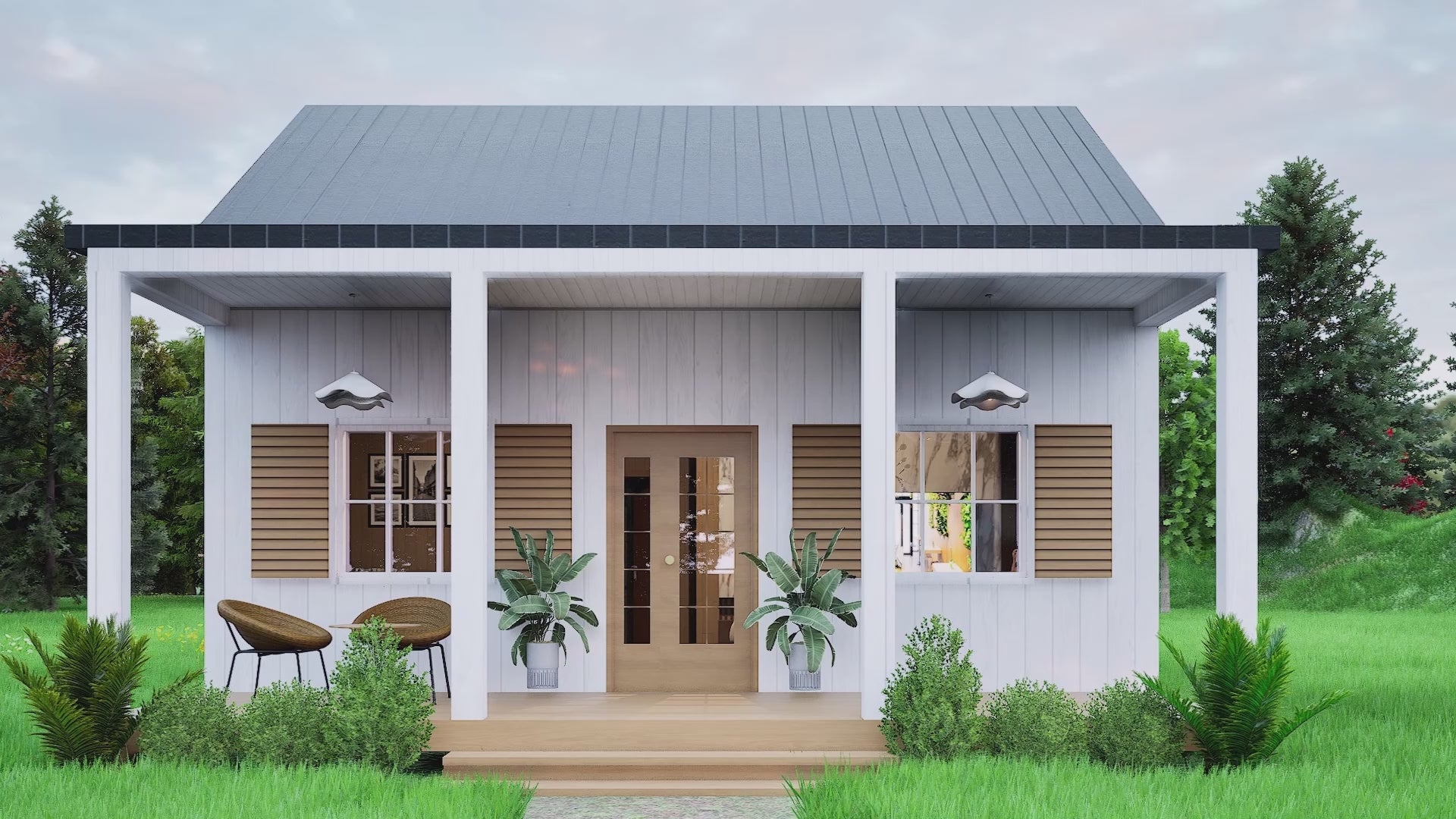 Modern 25x22 tiny house floor plan with 1 bed, 1 bath, porch, and slab foundation – 550 sq ft cabin blueprint