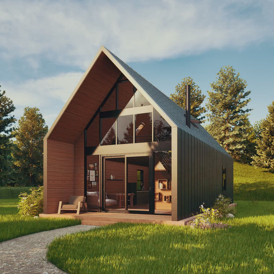 Video tour of modern A-frame cabin floor plan with 2 bedrooms and loft
