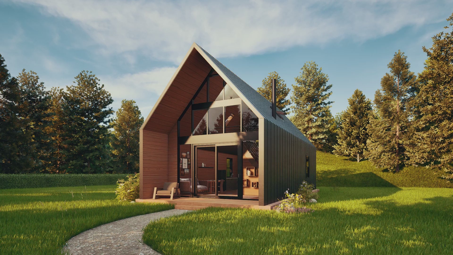 Video tour of modern A-frame cabin floor plan with 2 bedrooms and loft