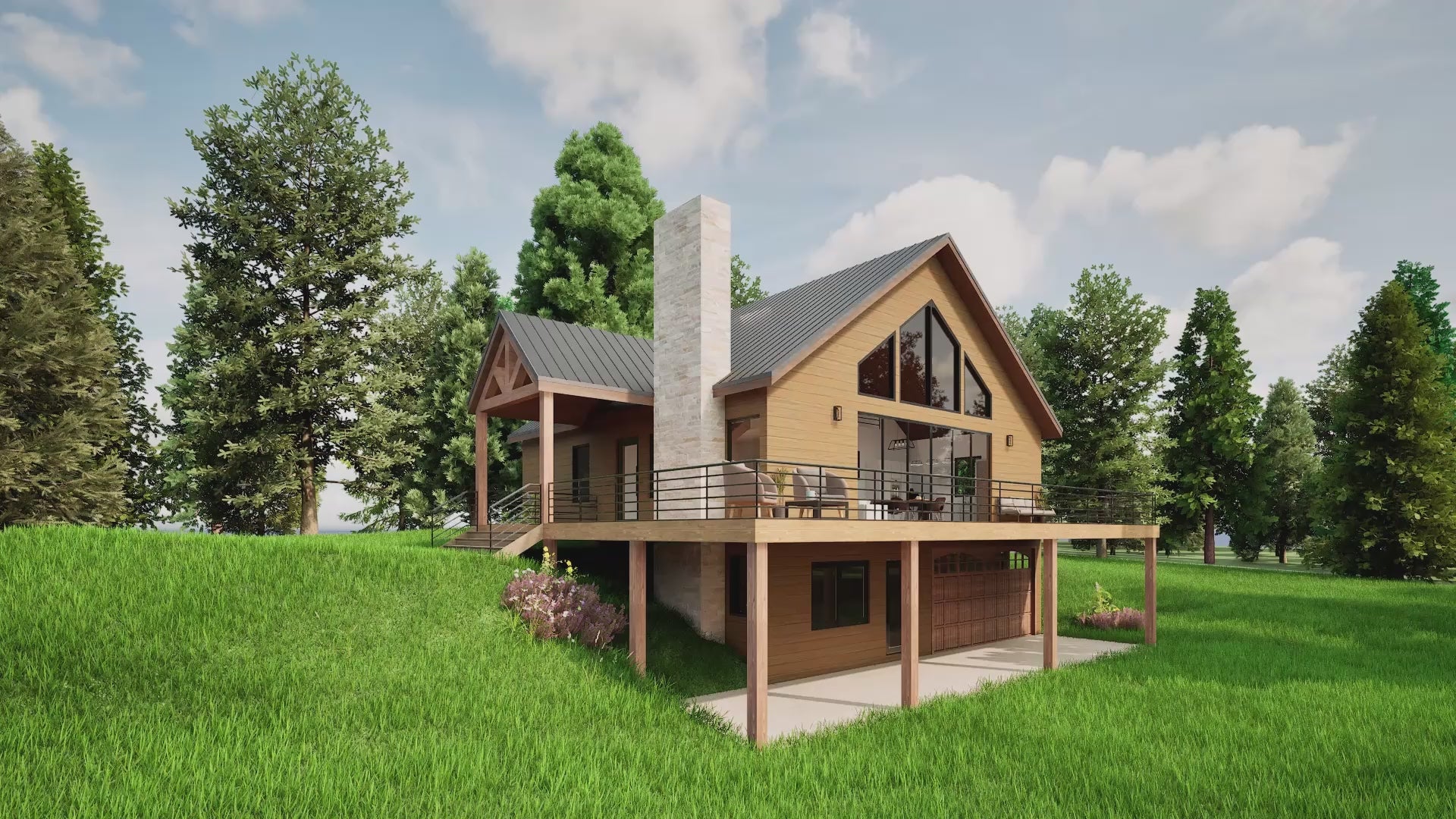 Video walkthrough of 3-story 4 bedroom hilltop house plan with loft and basement