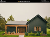 L-shaped cottage house plan with 3 bedrooms and 2 bathrooms