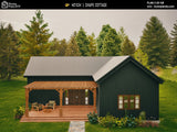 L-shaped cottage house plan with 3 bedrooms and 2 bathrooms