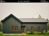 L-shaped cottage house plan with 3 bedrooms and 2 bathrooms