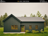 L-shaped cottage house plan with 3 bedrooms and 2 bathrooms