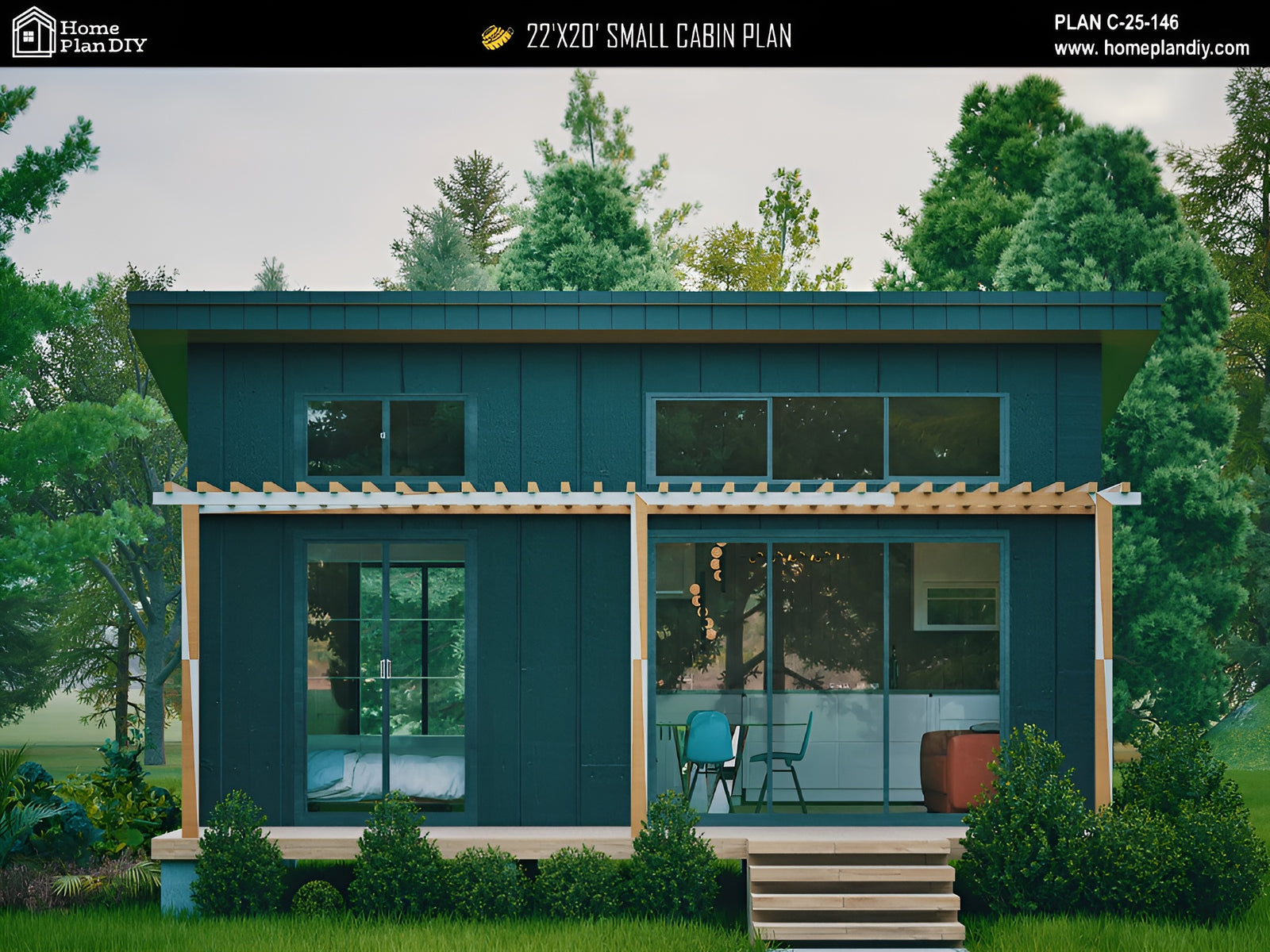 22x20 modern tiny cabin house plan, 1 bed, 440 sq ft