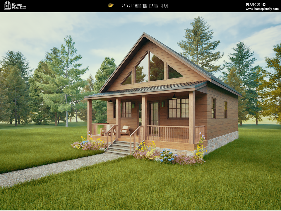 2 bedroom 1 bathroom modern cabin plan with loft and deck