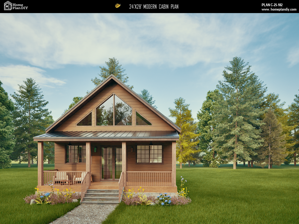 2 bedroom 1 bathroom modern cabin plan with loft and deck