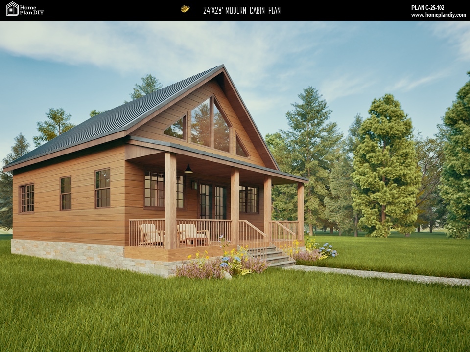 2 bedroom 1 bathroom modern cabin plan with loft and deck