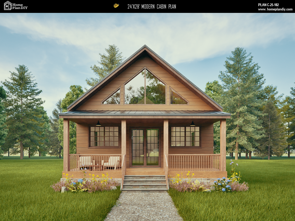 2 bedroom 1 bathroom modern cabin plan with loft and deck