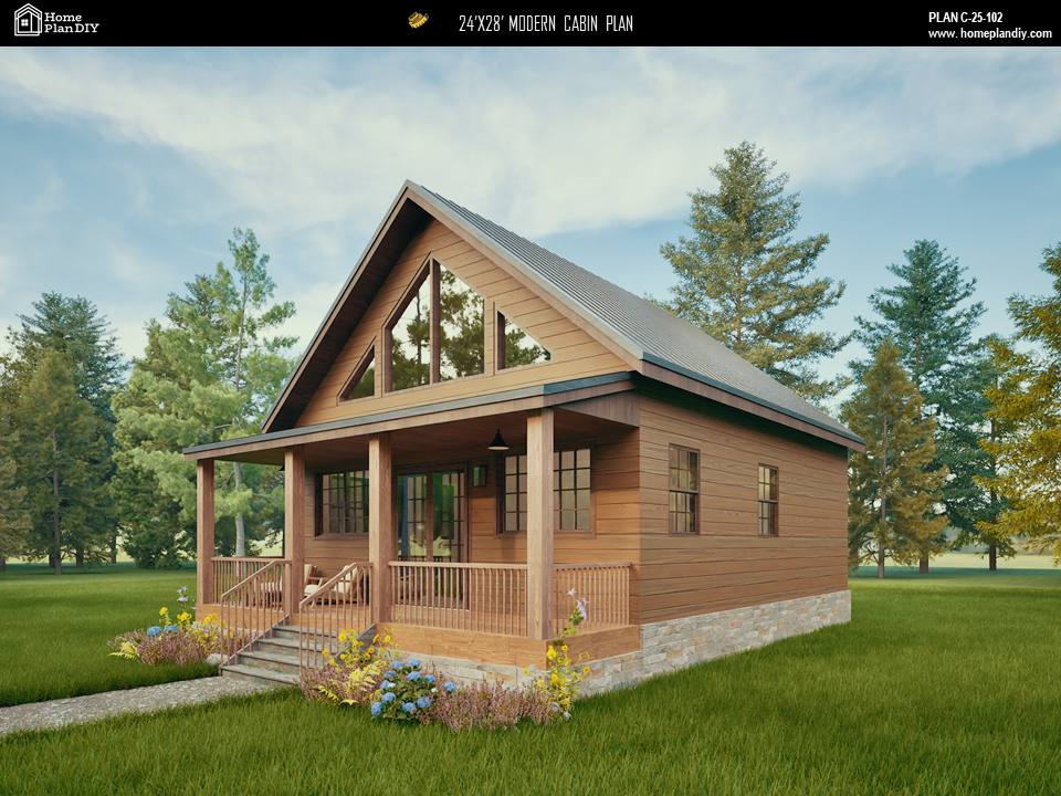2 bedroom 1 bathroom modern cabin plan with loft and deck