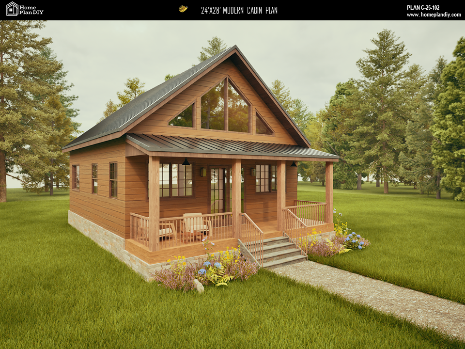 2 bedroom 1 bathroom modern cabin plan with loft and deck