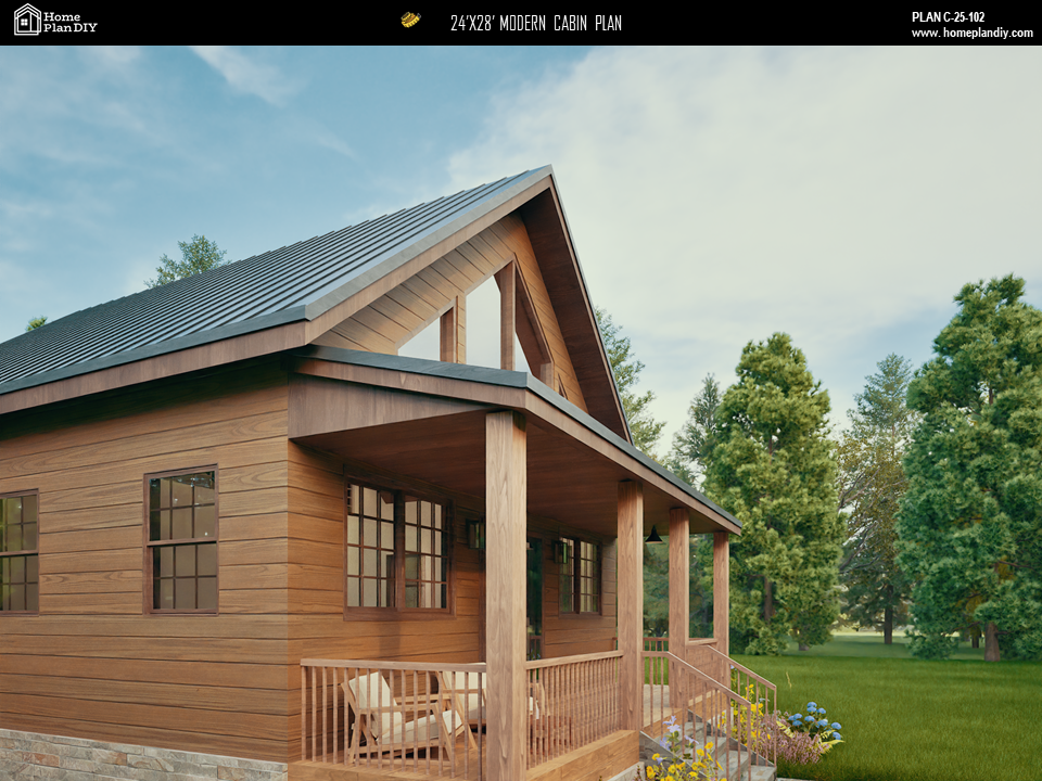 2 bedroom 1 bathroom modern cabin plan with loft and deck