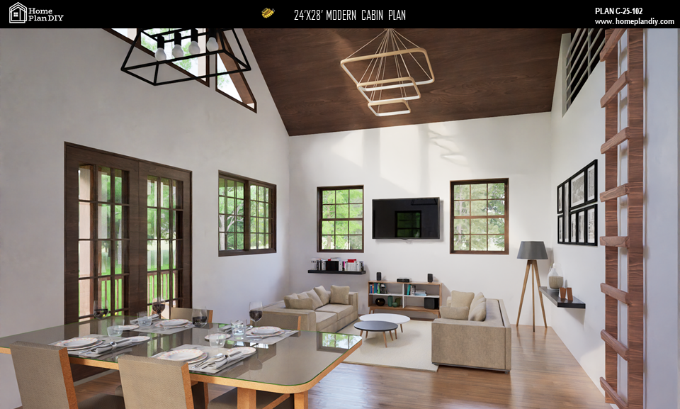 2 bedroom 1 bathroom modern cabin plan with loft and deck