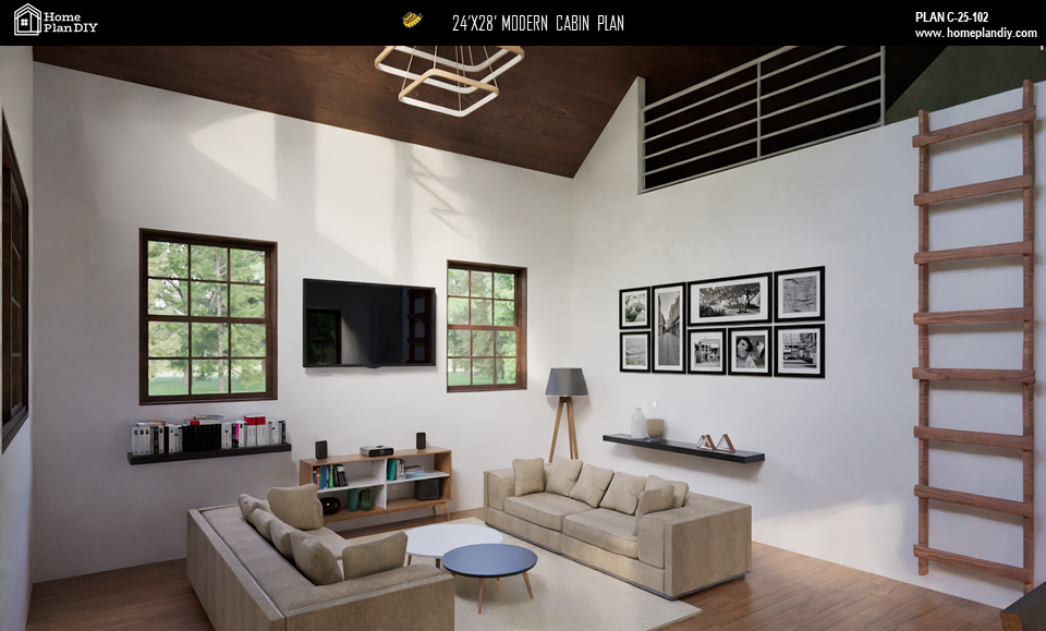 2 bedroom 1 bathroom modern cabin plan with loft and deck