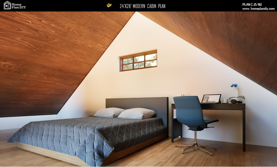 2 bedroom 1 bathroom modern cabin plan with loft and deck