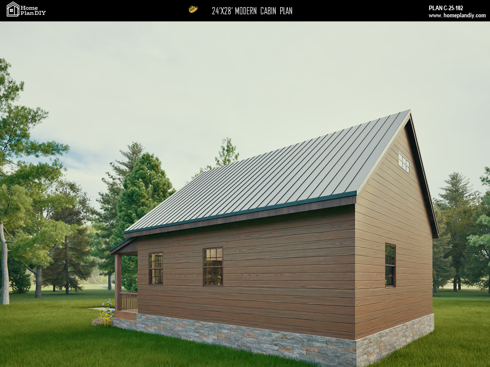2 bedroom 1 bathroom modern cabin plan with loft and deck