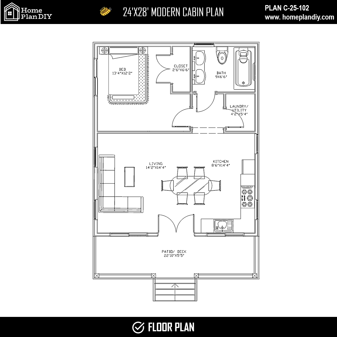 2 bedroom 1 bathroom modern cabin plan with loft and deck