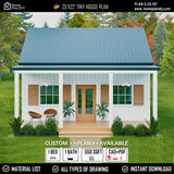 Modern 25x22 tiny house floor plan with 1 bed, 1 bath, porch, and slab foundation – 550 sq ft cabin blueprint


