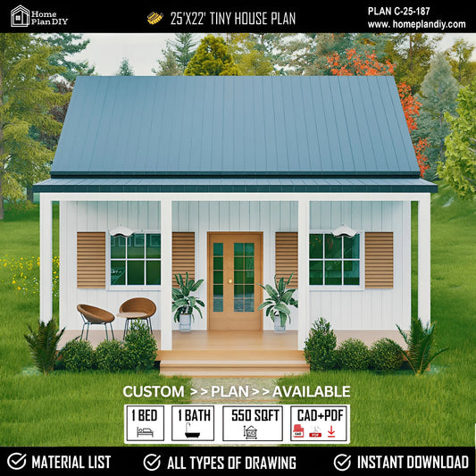Modern 25x22 tiny house floor plan with 1 bed, 1 bath, porch, and slab foundation – 550 sq ft cabin blueprint


